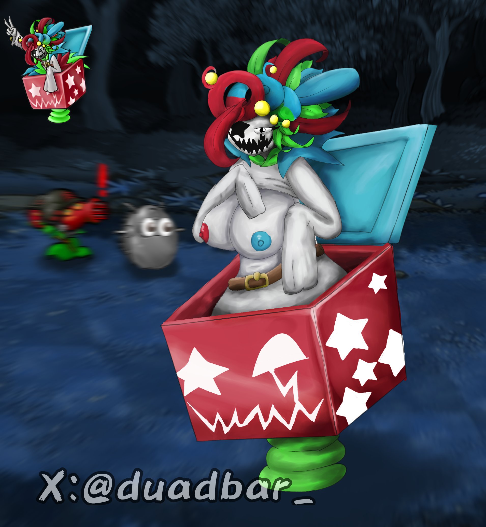 Rule34 – 1female 1girls abstract_background big_breasts breast breasts_out clown_queen completely_nude_female explosion female female_only jack_in_the_box_(toy) masked_female plants_vs._zombies_fusion toy_queen_(pvzfusion) zombie zombie_(pvz)