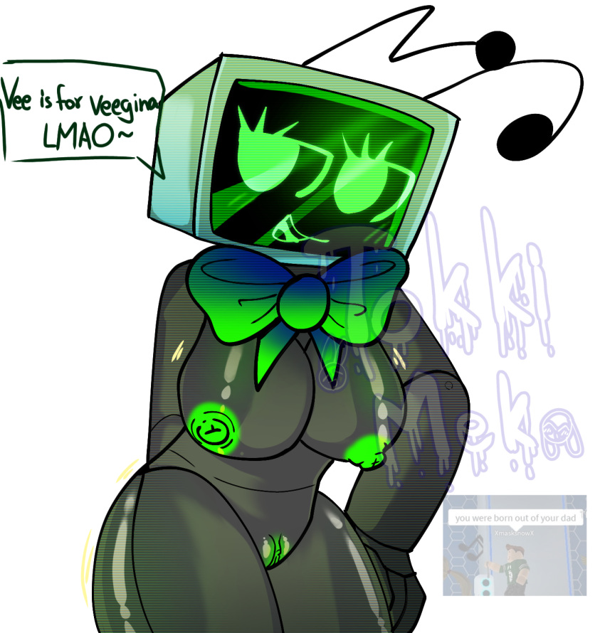 Rule 34 – antennae big breasts bow tie breasts dandy’s world english text female only green eyes green nipples half lidded eyes no sex nude nude female pussy tagme text tokki meki tv tv head tv screen vagina vee (dandy’s world) | 12843119