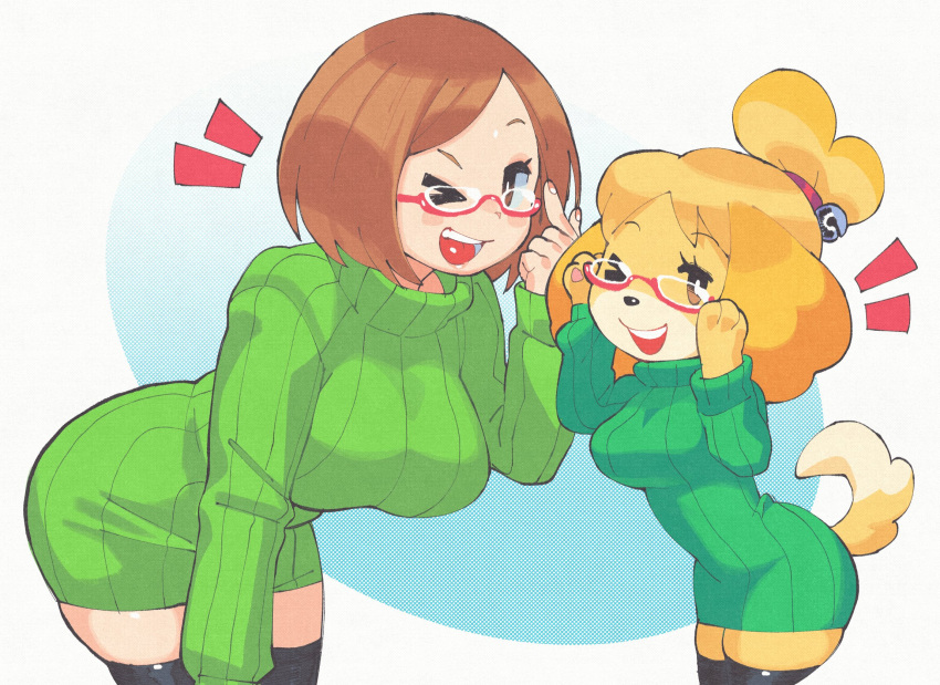 Rule 34 – 2girls ;d adjusting eyewear animal animal crossing animal ears anthro ass bell black legwear blonde hair blush breasts brown eyes brown hair canine canine canis clothing crossover dog ears dog girl dog tail doubutsu no mori dress duo eyewear female fur furry furry female glasses green shirt green sweater grey eyes hair hair bell hair ornament human humanoid inkuusan isabelle (animal crossing) large breasts leaning forward legwear long sleeves looking at viewer mammal multiple girls nikki (swapnote) nintendo one eye closed open mouth pink-framed eyewear red-framed eyewear ribbed sweater semi-rimless eyewear shih tzu shirt shizue (doubutsu no mori) short hair skirt smile swapnote sweater sweater dress tail teeth thick thighs thighhighs thighs tongue topknot toy dog trait connection turtleneck under-rim eyewear | 12963255