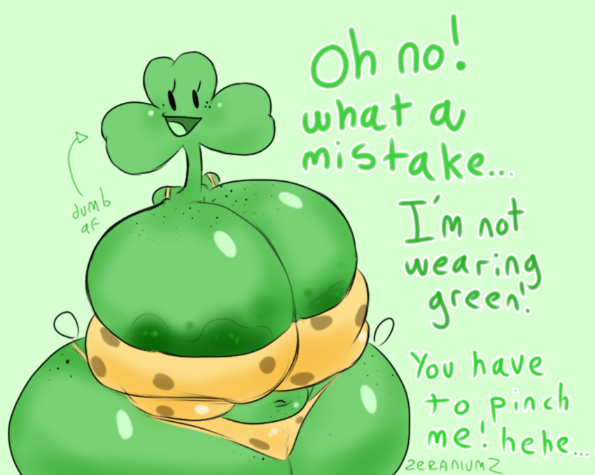 Rule 34 – anthrofied big breasts bimbofied clothed clover female green body looking at viewer pinch shamrock st patrick text zeraniumz | 12868935