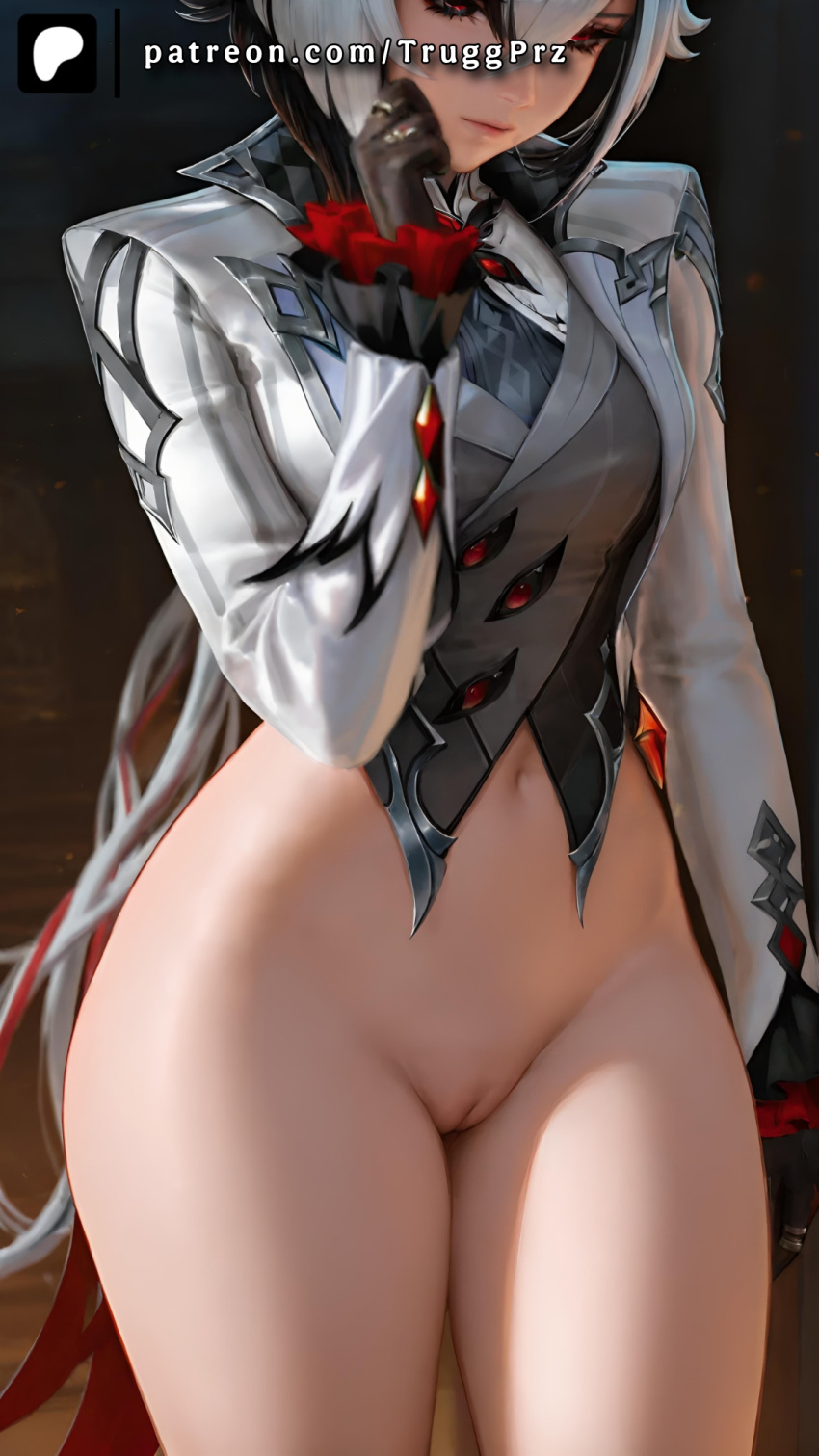 Rule 34 – ai generated arlecchino (genshin impact) bottomless genshin impact long sleeves looking down midriff navel pussy standing thick thighs truggprz white hair | 12901299