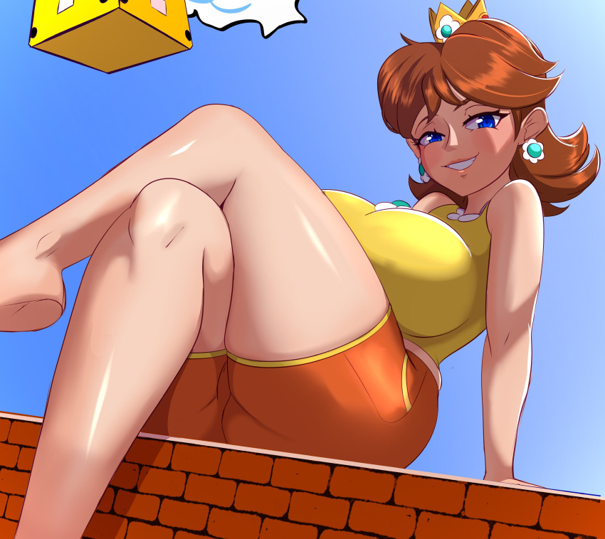 Rule 34 – 1girls arm support barefoot big breasts breasts brown hair busty confident crossed legs feet female female only grin highres large breasts legs mario (series) nintendo pose posing princess princess daisy seductive seductive look seductive smile shirt short hair shorts sitting sleeveless sleeveless shirt smile solo source request teeth thick thighs thighs xendrawsthings | 12822320