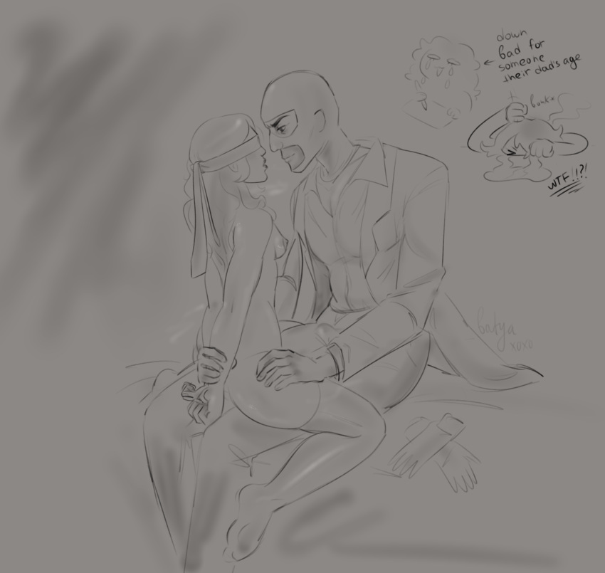 Rule 34 – 1boy1girl age difference age gap arms behind back arms held back arms held behind back batya nya blindfold blindfolded boner breasts clothed male nude female long hair masked male necktie nude female clothed male self insert self upload sitting on lap spy (team fortress 2) stockings stockings only straight suit suit jacket team fortress 2 thighs visible breath | 12882325