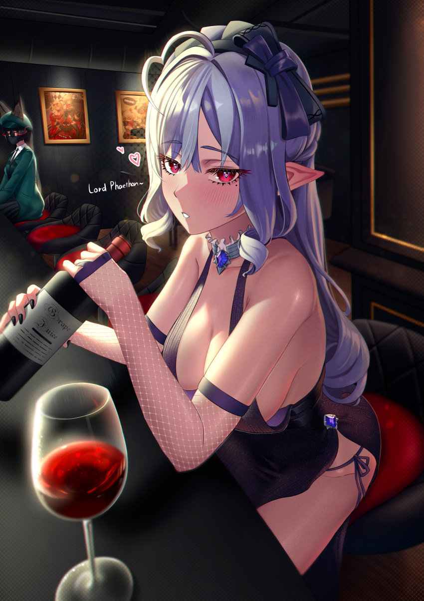 Rule 34 – 1girls alcohol blush breasts dress drink drunk elf english text female hi res purple hair red eyes side-tie panties sideboob sitting solo vivian (zenless zone zero) wine wine bottle wine glass zenless zone zero | 12909955