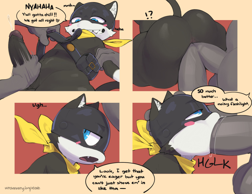 Rule 34 – absurd res anal anal sex anthro ass assisted masturbation balls belt black body black fur blue eyes bodily fluids clothing deep throat dialogue domestic cat double anal double penetration english text erection felid feline felis fellatio fur genital fluids genitals group group sex heart eyes heart symbol hi res kerchief male male/male male penetrated male penetrating male penetrating male mammal markings mask morgana (persona) motion lines open mouth oral oral penetration penetration penile penis persona (series) persona 5 precum sex smile tail tail markings text tuxedo cat unsavoryimpcat utility belt white body white fur | 12812179