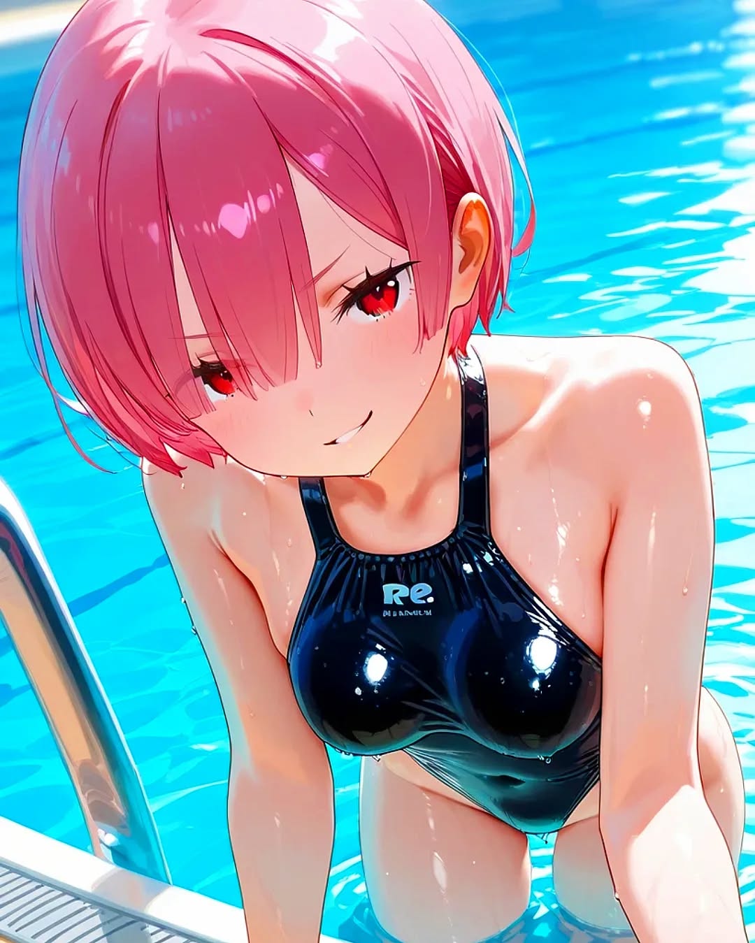 Rule 34 – 2025 black swimsuit instagram looking at viewer meta pink hair pool red eyes scheming unnamed character wet body wet swimsuit | 13083365