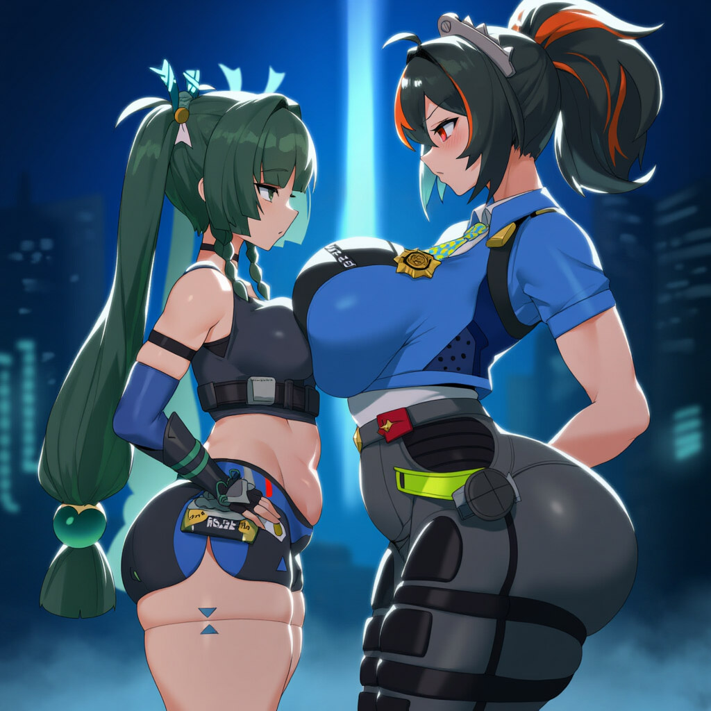 Rule 34 – 2girls android ass bangs bare shoulders big butt black hair breast press breasts curvy fat ass fingerless gloves fourina gloves green eyes green hair hair ornament large breasts long hair looking at another medium breasts multicolored hair plump labia ponytail qingyi (zenless zone zero) red eyes size difference thick thighs thighs twintails wide hips yuri zenless zone zero zhu yuan | 13106922