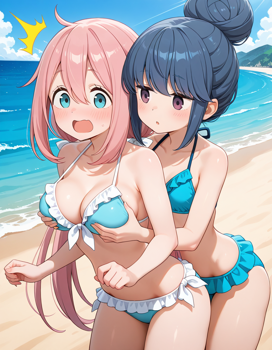 Rule 34 – 2girls ai generated beach bikini blue hair breast grab breast grab from behind kagamihara nadeshiko open mouth pink hair self upload shima rin stable diffusion surprised yuri yurucamp | 13240980
