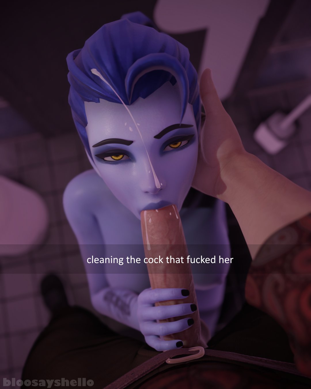 Rule 34 – 1boy 1girls 3d bloosayshello blowjob english text light-skinned male oral oral penetration oral sex overwatch pov pov eye contact purple skin text widowmaker | 13203460