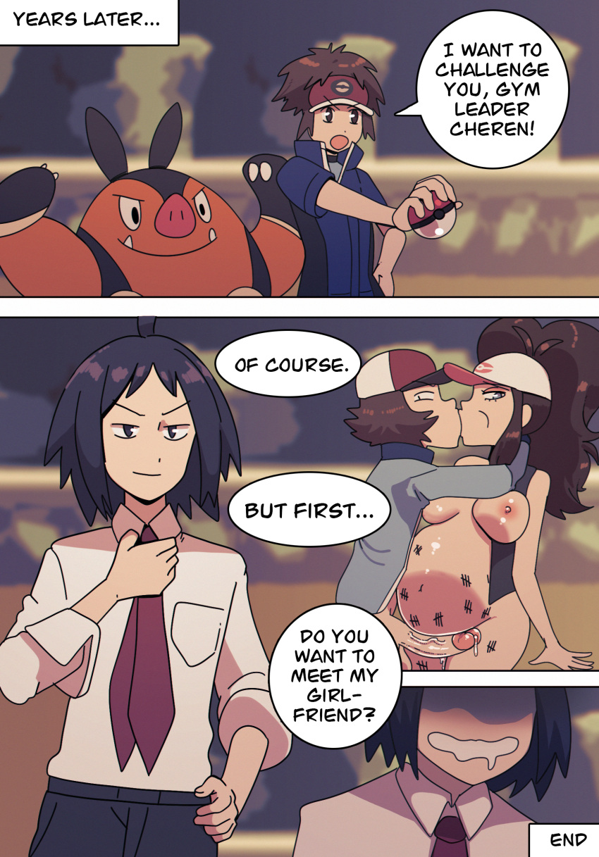 Rule 34 – 1girls 3boys areolae breasts brown hair cap cheren (pokemon) comic cuckold dark blue hair dialogue drool english text female generation 5 pokemon grin hasselnut hi res hilbert (pokemon) hilda (pokemon) kissing last page long hair male nate (pokemon) nintendo nipples penis pignite pokemon pokemon (species) pokemon bw pokemon bw2 pregnant pregnant female smile speech bubble writing on belly writing on body | 13296325