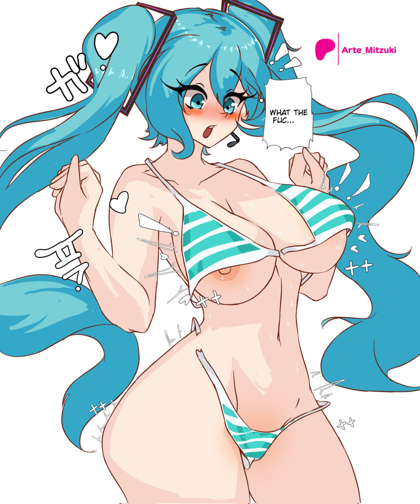Rule 34 – 2025 artemitzuki (artist) big breasts bikini snap blue bikini blue eyes blue hair blush blush breasts cleavage female female only hatsune miku japanese text long hair nipples striped bikini surprised text text box thick thighs thighs tied hair vocaloid wardrobe malfunction white bikini | 13290696