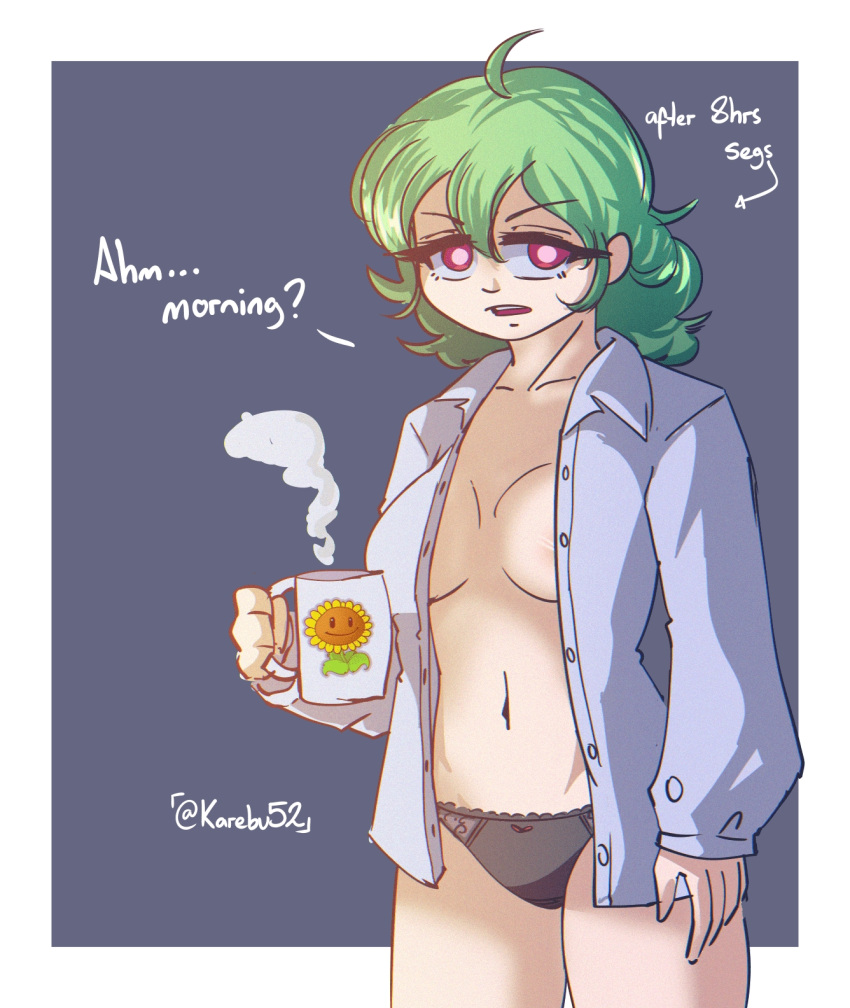 Rule 34 – 1girls ahoge belly button black panties breasts crossover dialogue eastern and western character english text female green hair karebu52 kazami yuuka light-skinned female mug no bra open shirt panties plants vs zombies red eyes solo sunflower sunflower (pvz) talking to viewer text touhou yuuka kazami | 13035555