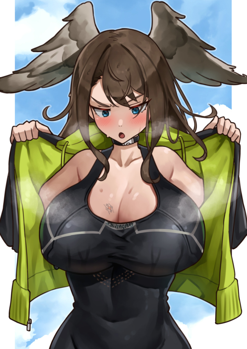 Rule 34 – black bodysuit breast tattoo brown hair eunie (xenoblade) jacket jacket partially removed large breasts oniisan02b open mouth steam sweat tattoo xenoblade (series) xenoblade chronicles (series) xenoblade chronicles 3 yotsuhauni | 13105690