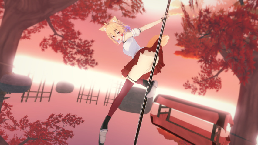 Rule 34 – animal ear fluff animal ears autumn autumn leaves blonde hair breasts detached sleeves falling leaves female from below full body koikatsu leaf looking at viewer looking down maple leaf open mouth outdoors red eyes shirt short hair skirt sky solo squchan (vtuber) tail thighhighs tree tree branch vyugen white shirt yellow eyes | 13209467