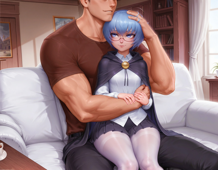 Rule 34 – 1boy 1girls ai generated black cape black pants black skirt blue eyes couch cute feet out of frame flat chest glasses headpat hug from behind indoors knightus ai kuudere light smile living room looking to the side looking up medieval muscular male nose pentacle petite pleated skirt red-framed eyewear scenery semi-rimless eyewear sfw shirt sitting sitting on lap sitting on person size difference tabitha table thick thighs white pantyhose wide hips zero no tsukaima | 13192549