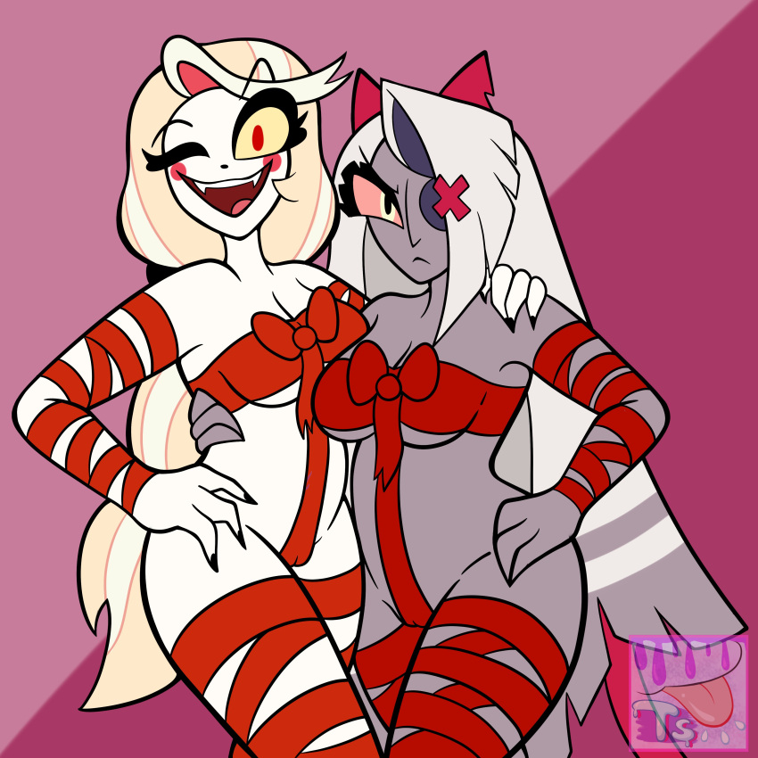 Rule 34 – artist logo charlie morningstar (hazbin hotel) colored hazbin hotel thirstspace vaggie (hazbin hotel) vivienne medrano vivziepop wrapped up wrappings | 13178397