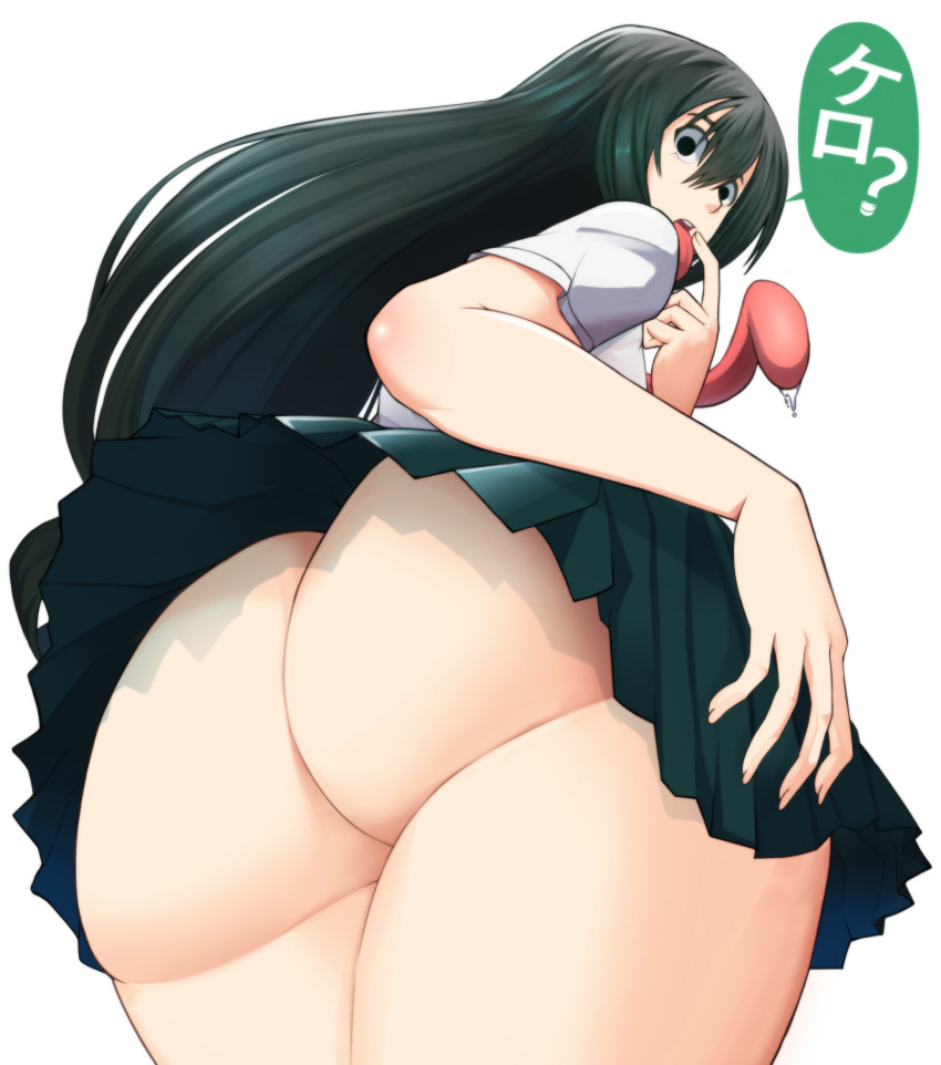 Rule 34 – 1girls ass ass focus big ass black eyes bottomwear clothing dark green hair dat ass female female only green hair green skirt hair huge ass japanese text long hair long tongue mikado ryouma my hero academia saliva school uniform schoolgirl shirt short skirt skirt solo solo female text thick thighs thighs tongue tongue out topwear translation request tsuyu asui white shirt | 13029802