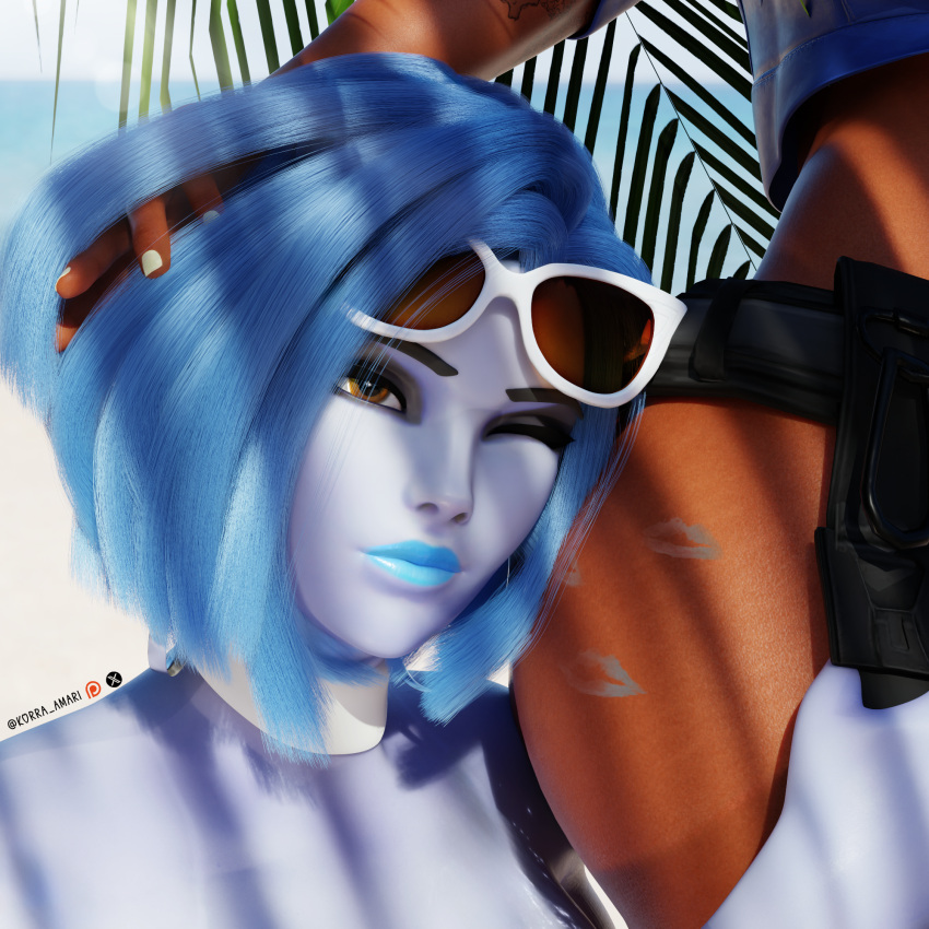 Rule 34 – 2girls ass ass focus ass grab beach blue body blue hair dark skin kiss mark kissing korra amari light overwatch overwatch 2 pharah pharah (overwatch) summer sunglasses widowmaker yuri | 13147792