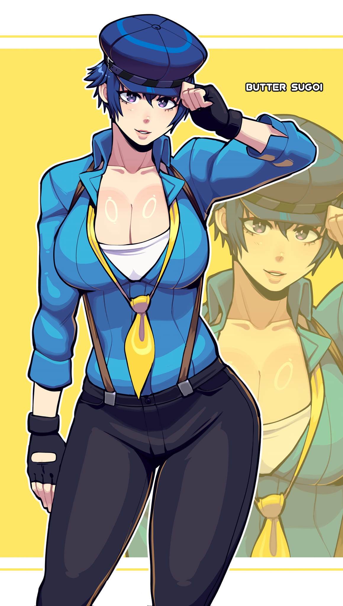 Rule 34 – alternate breast size artist name black gloves black pants blue eyes blue hair blue hat breasts butter sugoi cleavage commentary contrapposto female fingerless gloves gloves hat highres large breasts loose necktie necktie pants parted lips persona persona 4: dancing all night persona dancing pink lips purple eyes shirogane naoto smile solo yellow background zoom layer | 13444137