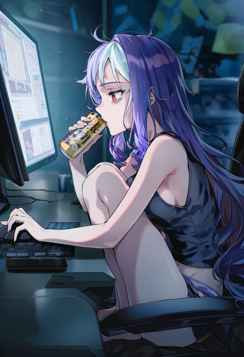 Rule 34 – ai generated black crop top computer keyboard computer monitor computer screen office chair purple hair raaicave soda can tired eyes vivian (zenless zone zero) zenless zone zero | 13407677