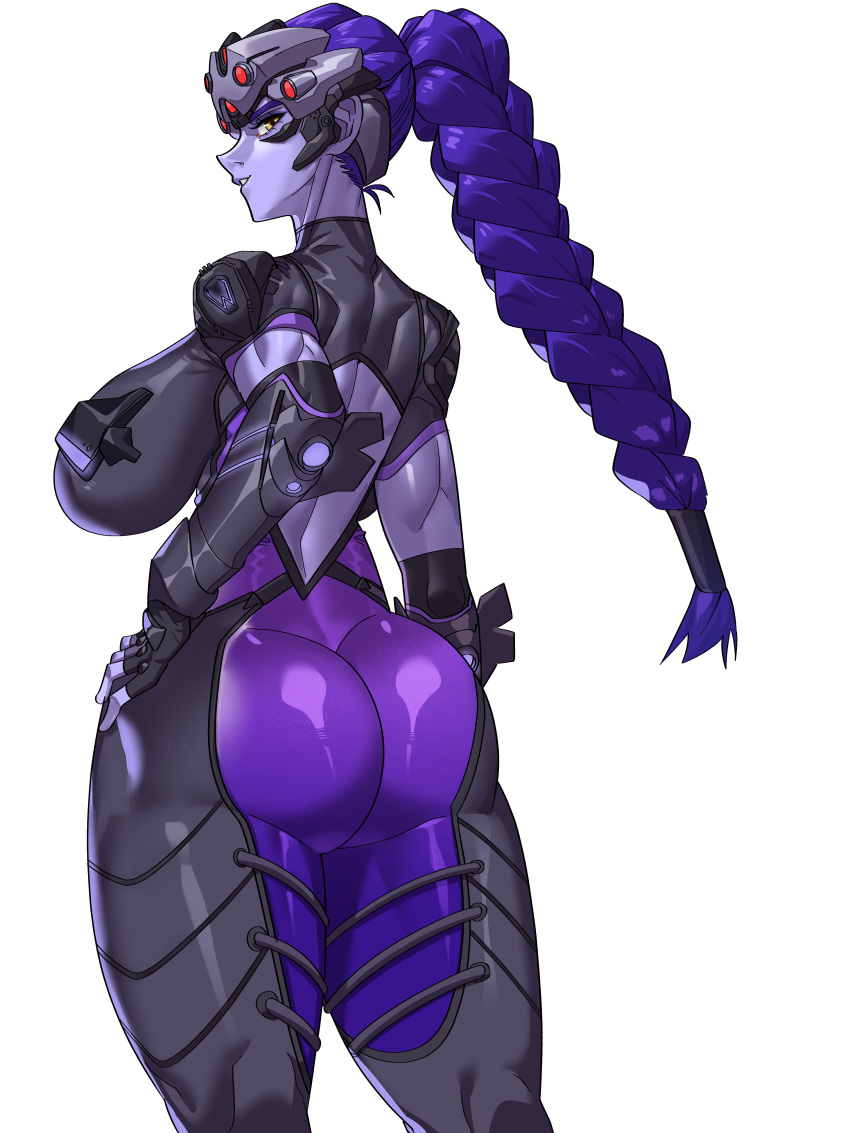 Rule 34 – absurdres ass back cutout bodysuit braid braided ponytail clothing cutout colored skin cropped legs female from behind gamjasssak hair pulled back hand on own hip head-mounted display highres huge ass long hair looking at viewer muscular muscular female overwatch overwatch 2 purple skin simple background smile solo standing white background widowmaker yellow eyes | 13531241