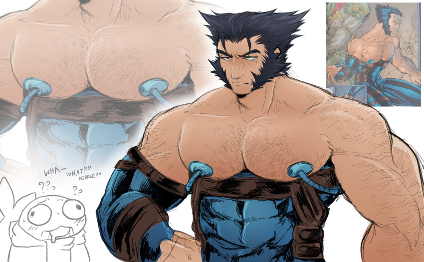 Rule 34 – 1boy abs alternate costume baimonbluewhale black hair blush chest hair english text gay hairy hairy arms hairy male large pectorals male male focus male only marvel marvel comics muscular muscular male pectorals smile solo wolverine (x-men) x-men | 13358160