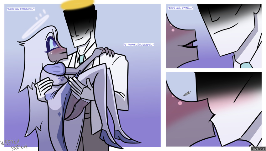 Rule 34 – 1boy 1girls angel anon ass ass focus blush blushing female bridal carry clothed clothing cradling dress emily (hazbin hotel) freckles grey body halo hazbin hotel holding kissing lips slippers smile suit thighhighs upskirt white hair wretch sketch y/n you | 13579464