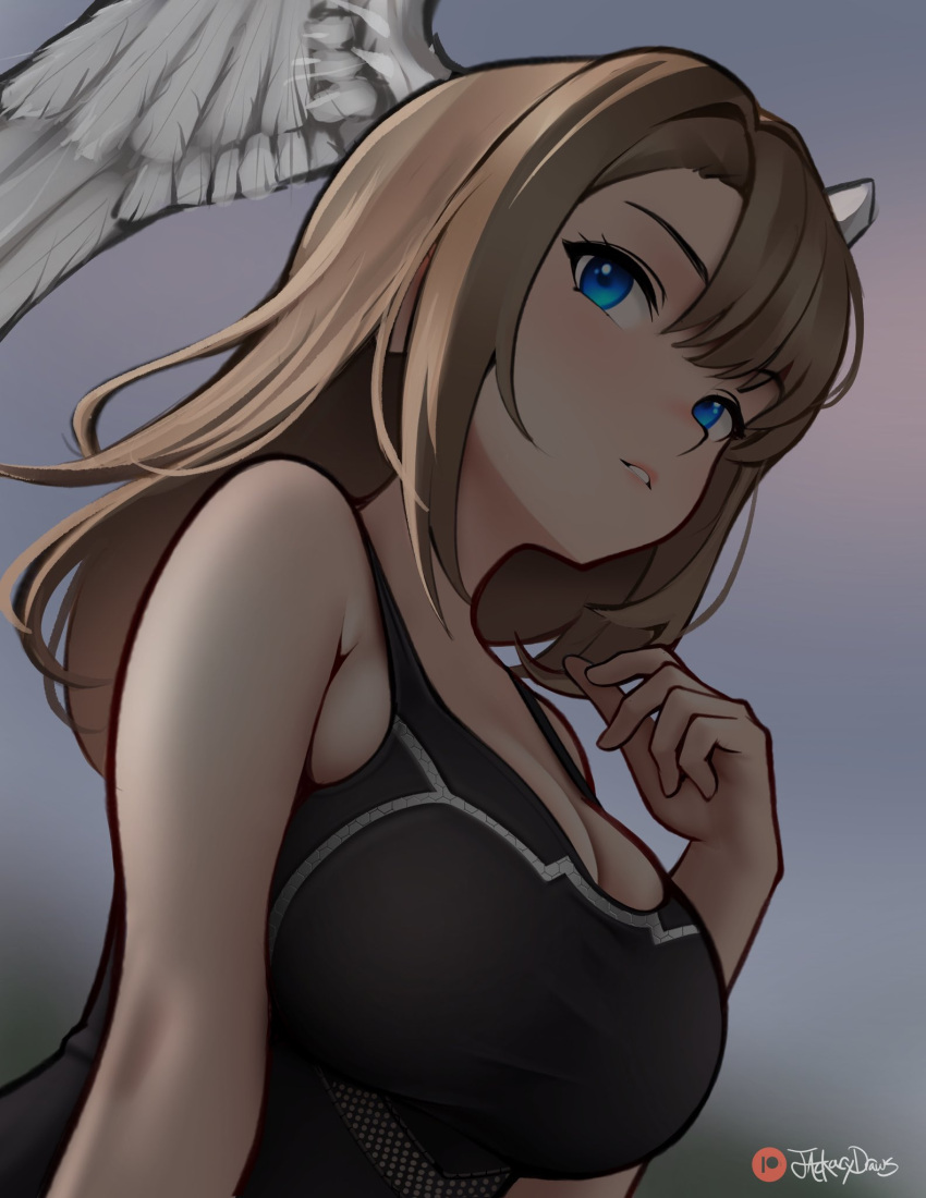 Rule 34 – bare shoulders black shirt blue eyes breasts brown hair busty cleavage commentary dirty blonde hair elbowpits eunie (xenoblade) feathered wings female female only head wings highres jackary large breasts light-skinned female light skin lips long hair parted lips petite pink lips sandy blonde hair shirt shoulders signature sleeveless sleeveless shirt solo white wings wings xenoblade chronicles (series) xenoblade chronicles 3 | 13441841