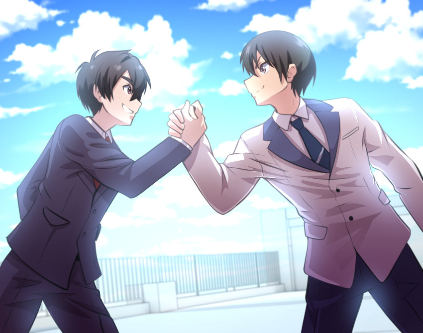 Rule 34 – 2boys aijou rentarou black hair blazer blue necktie blue sky brown eyes cloud cloudy sky commission crossover day eye contact fence grin handshake highres jacket kanojo mo kanojo kimi no koto ga dai dai dai dai daisuki na 100-nin no kanojo looking at another mukai naoya multiple boys necktie on rooftop outdoors pants red necktie school uniform sky smile spookypandagirl trait connection | 13352577