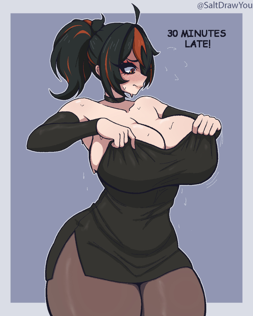 Rule 34 – absurdres ahoge artist name bare shoulders black choker black dress black hair black sleeves blush breasts choker cleavage closed mouth clothes lift collarbone commentary curvy detached sleeves dress dress lift english commentary english text eyelashes female highres huge breasts lifting own clothes looking down multicolored hair narrow waist pantyhose ponytail red eyes red hair red streaks saltdrawyou side slit simple background solo streaked hair sweat thick thighs thighs tight clothes two-tone hair wide hips zenless zone zero zhu yuan | 13497532