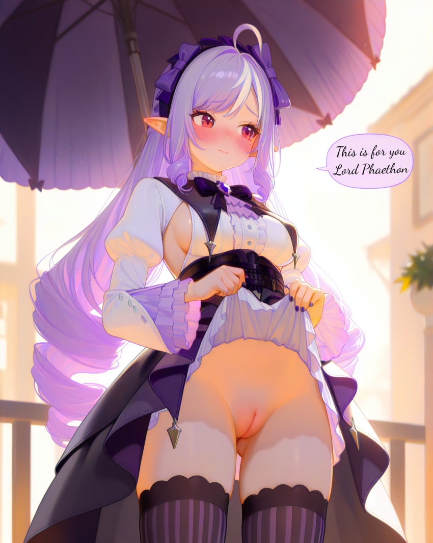 Rule 34 – ahoge ai generated bangs blush bonnet bow breasts cleft of venus closed mouth clothes lift drill hair embarrassed english text female frills gloomproject hairband lifted by self lolita fashion long hair long sleeves looking away medium breasts multicolored hair no panties parasol pointy ears puffy sleeves purple hair pussy red eyes self upload sideboob skirt skirt lift solo speech bubble striped striped thighhighs thighhighs umbrella uncensored vertical stripes very long hair vivian (zenless zone zero) zenless zone zero | 13406243