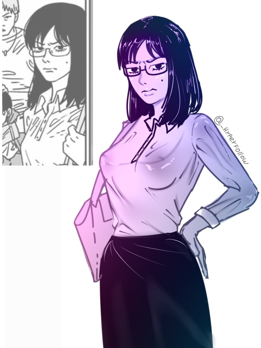 Rule 34 – 1girls hyperfollow (artist) annoyed annoyed expression background character black hair chainsaw man female female female only glasses hand on hip handbag mole mole under eye monochrome nipples visible through clothing pencil skirt softcore unnamed character wet shirt | 13322599