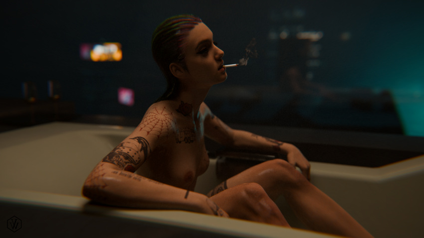 Rule 34 – 1girls 3d 3d (artwork) bath cigarette city background closed eyes cyberpunk 2077 eyeliner judy alvarez smoking tattoos v01dwatcher wet wet hair wet skin | 13588223