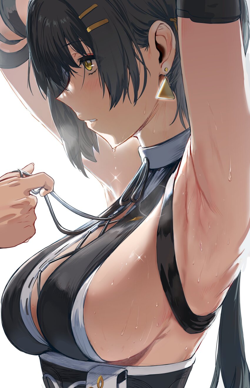 Rule 34 – 1girls 1other absurdres armpits arms up backlighting black hair breasts commentary cross-laced clothes cross-laced top earrings english commentary female rover (wuthering waves) from side hews highres jewelry parted lips profile rover (wuthering waves) sideboob sidelighting simple background solo focus sweat triangle earrings upper body white background wuthering waves yellow eyes | 13905675