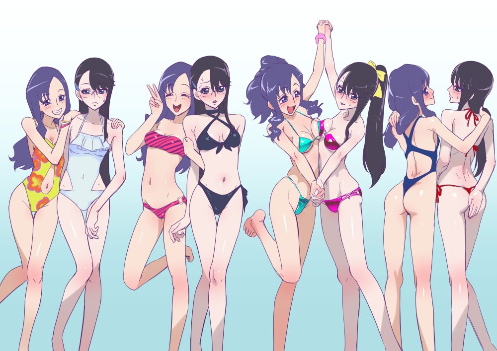 Rule 34 – 2girls ass barefoot belly button bikini black hair blush breasts butt feet female female only glasses heartcatch precure! heartcatch pretty cure! light-skinned female light skin momoka kurumi muramura hito ponytail precure pretty cure purple hair swimsuit toei animation tsukikage yuri | 13864287