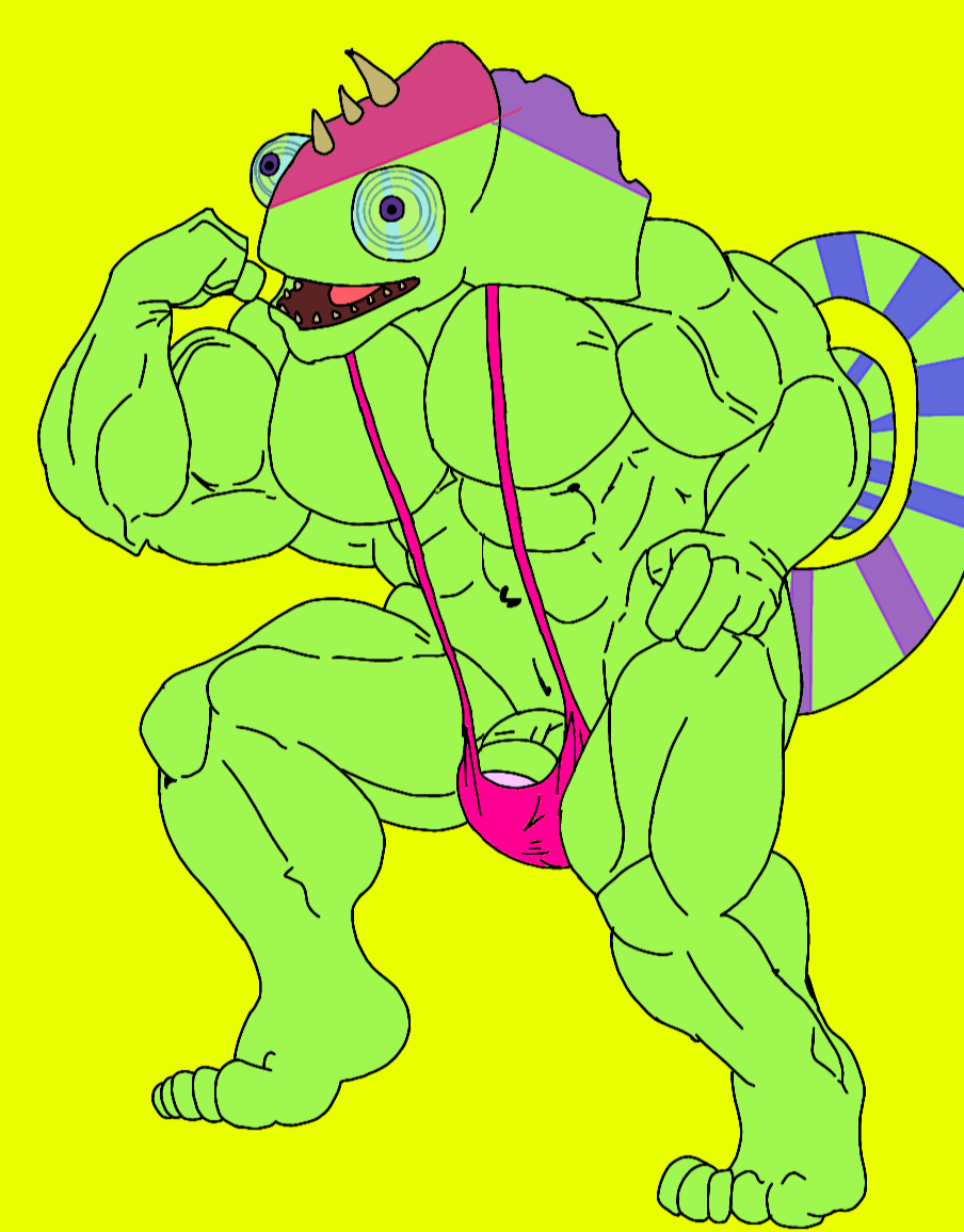 Rule 34 – anthro on anthro bara biceps blue sclera buff bulge bulge through clothing bulge through swimsuit bulge through underwear bulge under clothes bulge under swimsuit chameleon chameleon humanoid chameleon tail color colored colored skin colored tail ethereal ethereal island ethereal monster flex flexing flexing arm flexing muscles gay green body green skin imageboard kazilleon kazilleon (my singing monsters) lime background lizard magenta mankini mankini muscular muscular male pecs penis pink mankini pink thong purple eyes purple pupils sexy smiling thong traced traced art yellow background | 13684669