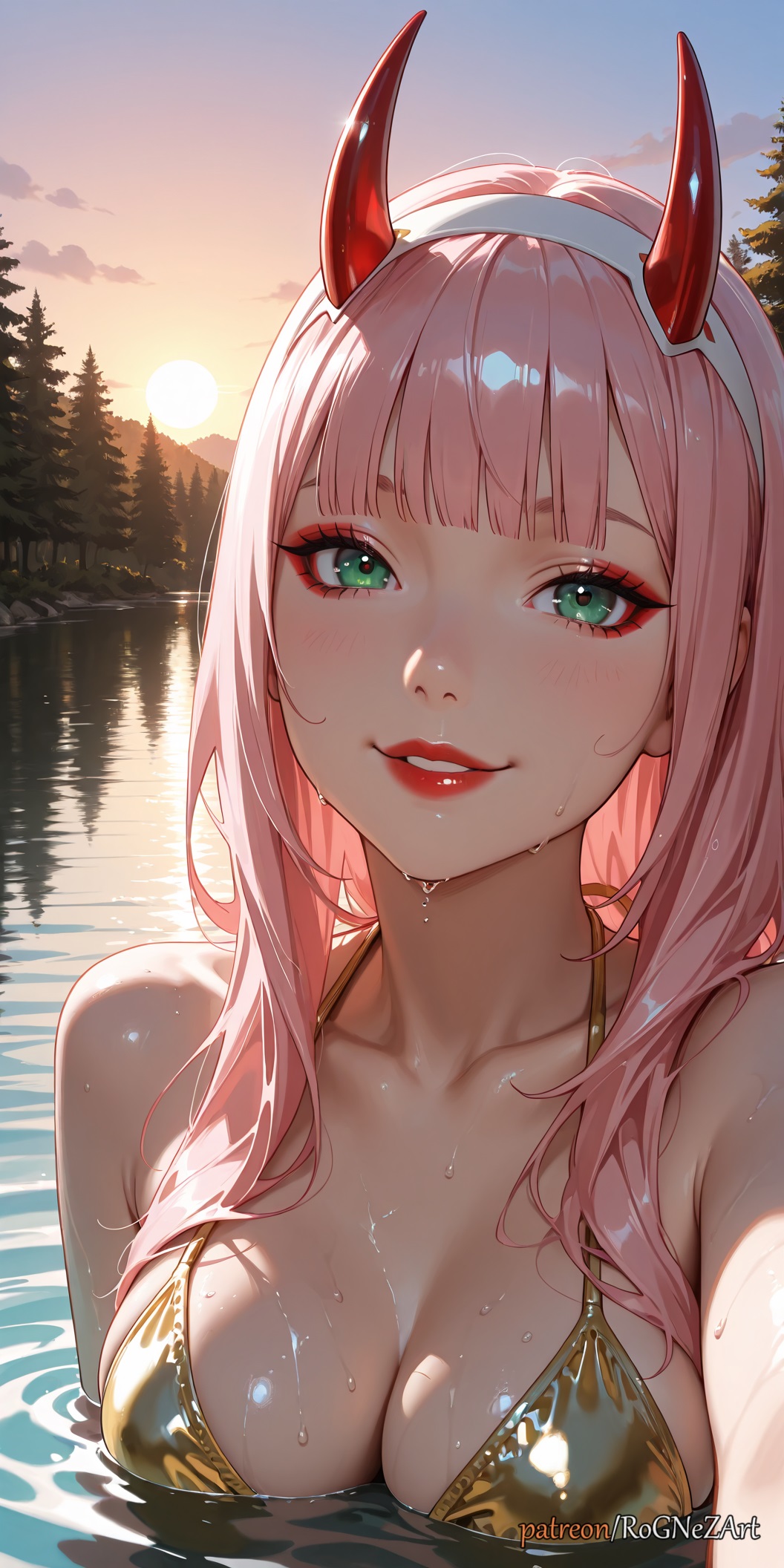 Rule 34 – 2025 ai generated bangs bare shoulders bikini blunt bangs blush breasts cleavage collarbone darling in the franxx eyeshadow female female female focus gold bikini green eyes hairband horns lips long hair looking at viewer makeup medium breasts nsfw outdoors parted lips partially submerged pink hair red horns rognezart shiny shiny clothes shiny skin sky smile solo sun sunset swimsuit tree upper body water wet white hairband yellow bikini zero two (darling in the franxx) | 13953362