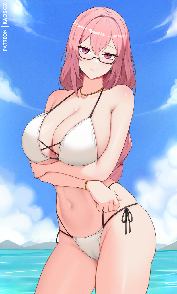 Rule 34 – 1girls arms under breasts bikini blue sky breasts cleavage closed mouth cloud cowboy shot day female glasses jewelry kaos art large breasts long hair looking at viewer navel necklace ocean outdoors pink eyes pink hair sky smile solo stomach swimsuit tsukishiro yanagi water white bikini zenless zone zero | 13859555