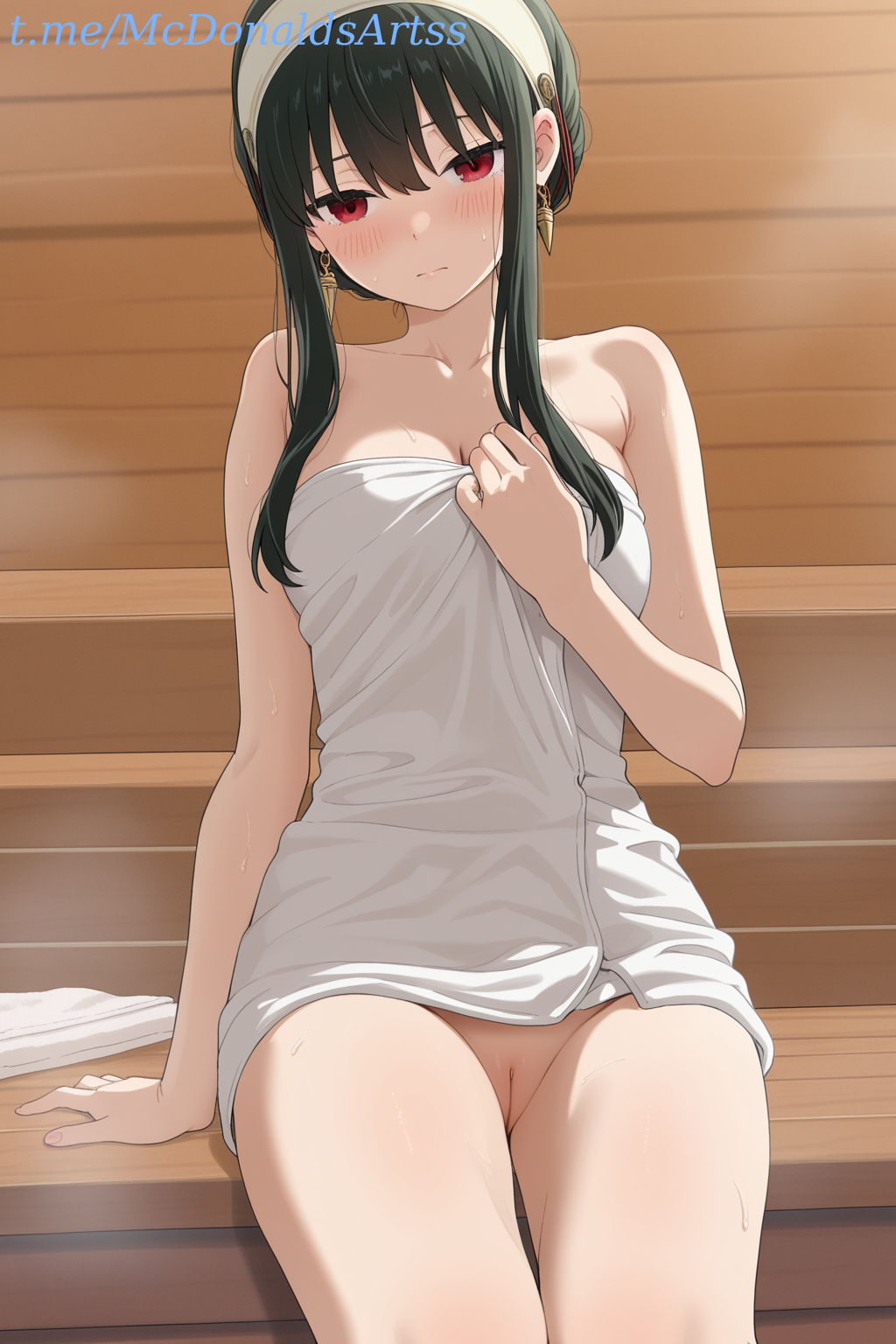 Rule 34 – 1girl 1girls ai generated arm support bare shoulders black hair blush breasts cleavage cleft of venus closed mouth collarbone commentary request earrings female female focus female only gold earrings hairband jewelry large breasts long hair looking at viewer naked towel pussy red eyes sauna short hair with long locks sidelocks sitting solo spy x family stable diffusion steam thighs towel uncensored white hairband white towel wooden wall yor briar yor forger zelanell | 13664083