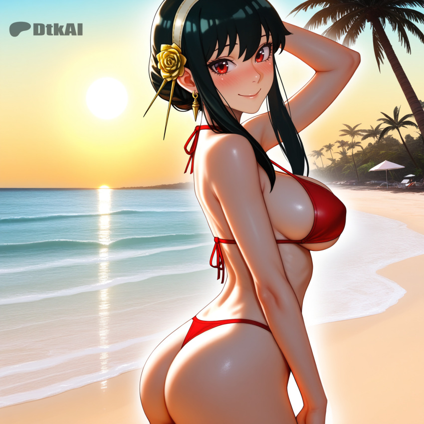 Rule 34 – 1girls ai generated beach big ass big breasts bikini day dtkai from side hairband hand up looking at viewer outside palm tree red thong bikini sand sea smile sun yor forger | 13948220