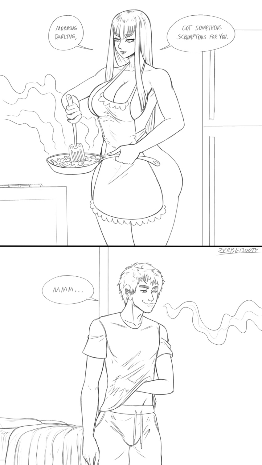 Rule 34 – 1boy1girl big ass big breasts breakfast clothed male nude female frying pan kill la kill kiryuuin satsuki long hair naked apron original character spatula thick thighs waking up wide hips zerbebuth | 13866810