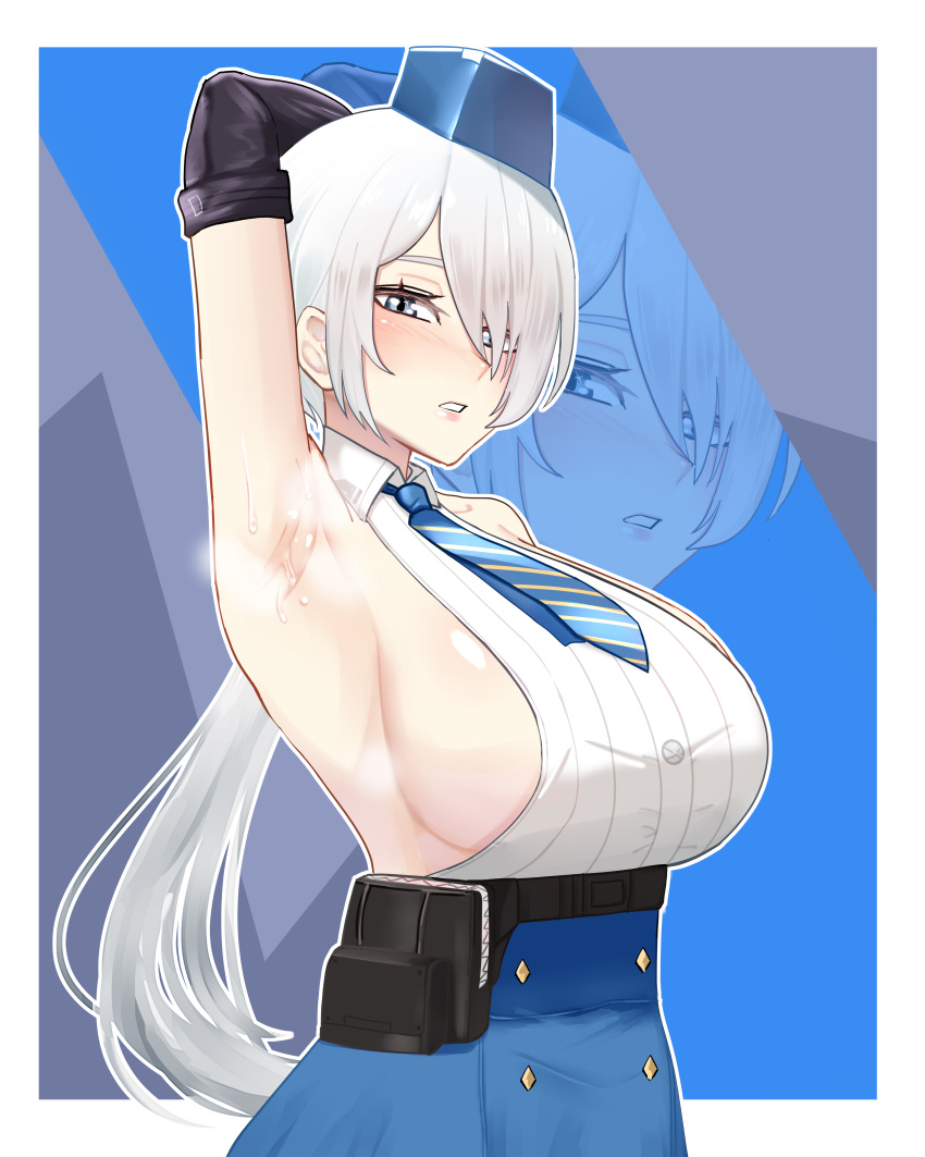 Rule 34 – 1girls 391 aji absurdres arm up armpits bare shoulders belt belt pouch black belt blue eyes blue headwear blue necktie blue skirt blush border breasts brid (nikke) bridal gauntlets collarbone collared shirt commentary female goddess of victory: nikke grey hair hair between eyes high-waist skirt highres large breasts long hair looking at viewer low ponytail necktie parted lips ponytail pouch shirt sideboob sidelocks skirt sleeveless sleeveless shirt solo standing striped necktie sweat underbust upper body white border white shirt zoom layer | 13811596