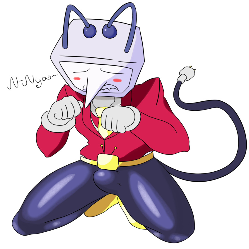 Rule 34 – antenna belt biting lip biting own lip black pants blush bulge bulge through clothing bulge under clothes cable cable tail cables cartoon gloves deltarune deltarune chapter 3 fangs no eyes nya object head on knees red suit red suit jacket shiny pants tenna tenna (deltarune) tv tv head white gloves yellow shoes | 13966786