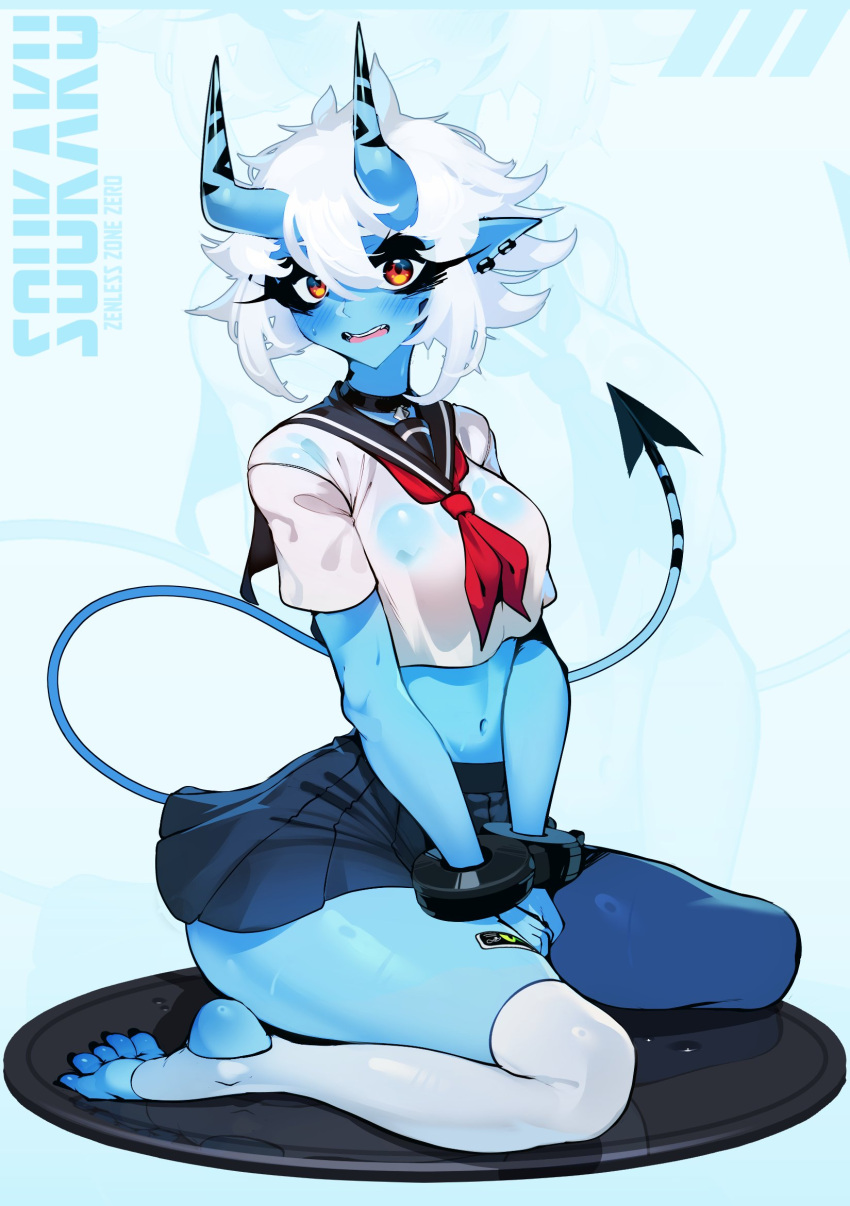 Rule 34 – 2 horns asian clothing asian mythology blue body blue skin blush blush lines bottomwear breasts character name clothing crop top demon demon humanoid digital drawing (artwork) digital media (artwork) ear piercing east asian clothing east asian mythology embarrassed eyelashes female hair hair between eyes hi res horn horned humanoid humanoid humanoid pointy ears japanese clothing japanese mythology japanese school uniform kneeling legwear long eyelashes looking at viewer medium breasts midriff mihoyo mythology not furry oni open mouth piercing pleated skirt pointy ears sachiko sachiko2s school uniform serafuku shirt short hair short sleeves skirt solo soukaku spade tail tail tailed humanoid text thick thighs thigh highs toeless legwear topwear translucent translucent clothing translucent shirt translucent topwear uniform wet wet clothing white clothing white hair white legwear white thigh highs yokai zenless zone zero zoom layer | 13826600