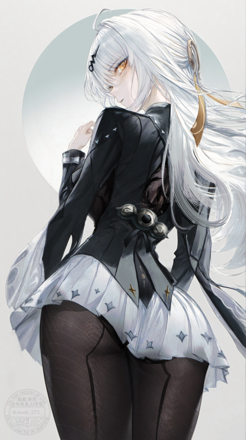 Rule 34 – absurdres ahoge ass black jacket black pantyhose commentary request cowboy shot female from behind grey hair hair ornament hand up highres jacket long hair long sleeves looking at viewer looking back official alternate costume pantyhose parted lips renoahh skirt solo watermark white skirt yellow eyes yixuan (trails of ink) (zenless zone zero) yixuan (zenless zone zero) zenless zone zero | 13917363