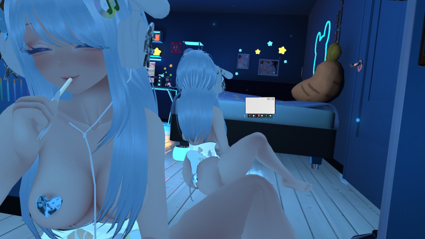 Rule 34 – aquarium blue lighting eating fully nude headphones heart shaped pasties inhuman mirror mirror reflection pasties pasties only pocky sitting spread legs torso vrchat vrchat avatar | 13818502