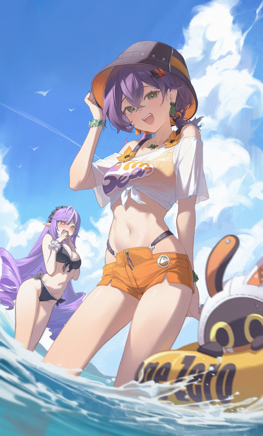 Rule 34 – 2girls :d absurdres alternate costume bangboo (zenless zone zero) bare shoulders belle (zenless zone zero) bikini black bikini blurry bracelet breasts bucket hat cleavage commentary crop top day depth of field earrings eous (zenless zone zero) front-tie bikini top front-tie top green eyes hair between eyes hand on headwear hand up hat headdress highleg highleg bikini highres innertube jewelry large breasts long hair looking at viewer medium breasts midori fufu midriff multiple girls navel off-shoulder shirt off shoulder official alternate costume open mouth orange shorts outdoors pointy ears purple hair ringlets scrunchie shirt short shorts short twintails shorts side-tie bikini bottom smile sparkling eyes standing stomach swim ring swimsuit thighs twintails very long hair vivian (zenless zone zero) vivian banshee wading water white shirt wrist scrunchie zenless zone zero | 13941379