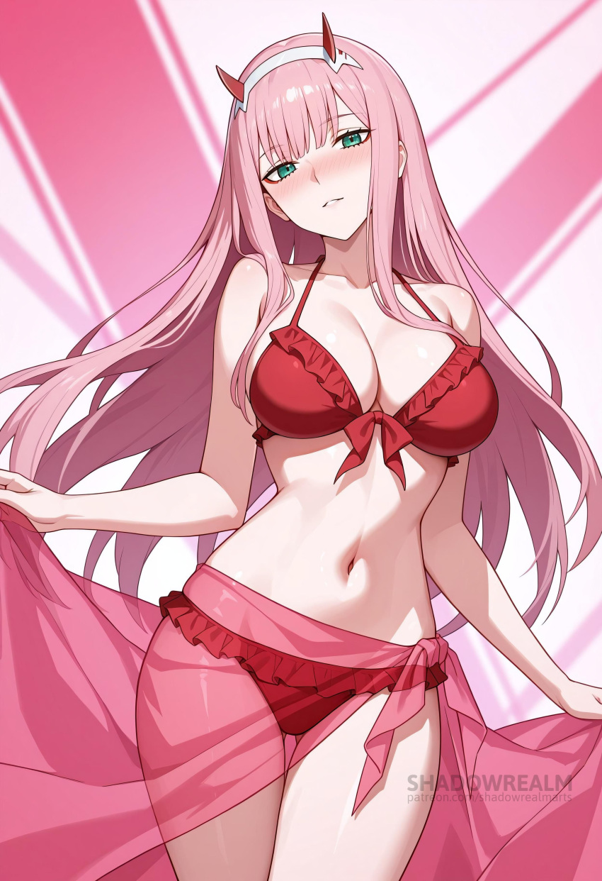 Rule 34 – ai generated ass visible through thighs bare shoulders bikini blush breasts cleavage closed mouth collarbone cowboy shot darling in the franxx female frilled bikini frills front-tie bikini top front-tie top green eyes hairband halterneck head tilt horns large breasts long hair looking at viewer navel pink hair red bikini red horns sarong see-through shadowrealmarts solo stomach swimsuit thigh gap thighs uncensored very long hair white hairband zero two (darling in the franxx) | 13789305