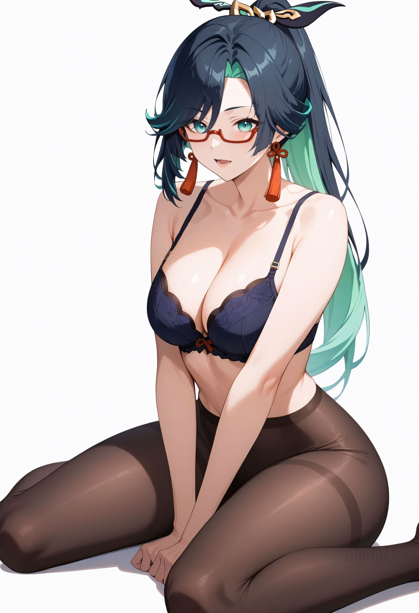 Rule 34 – ai generated aqua eyes bare arms bare shoulders black bra black hair black pantyhose bra breasts cleavage collarbone colored inner hair earrings female glasses green hair hair ornament jewelry large breasts long hair looking at viewer multicolored hair open mouth pantyhose ponytail red-framed eyewear semi-rimless eyewear shadowrealmarts simple background sitting smile solo tassel tassel earrings thighband pantyhose thighs two-tone hair uncensored underwear very long hair wariza white background xianyun (genshin impact) | 13785709