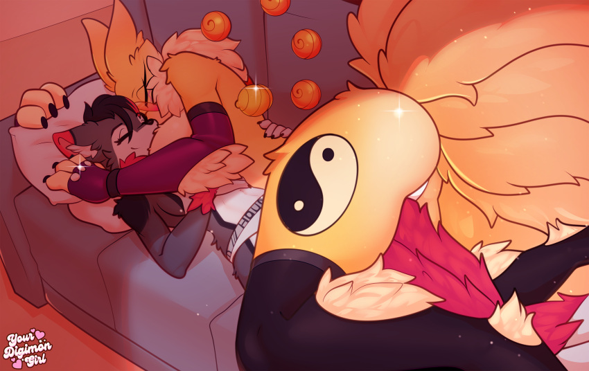 Rule 34 – 1boy 1girls absurd res anthro armwear ass bigger female black hair black legwear canid canine closed eyes couch cuddling digi (yourdigimongirl) digimon digimon (species) eyelashes female fur furry glasses grey fur highlights (coloring) kyubimon legwear long eyelashes lying lying on couch male multi tail pillow round glasses shaded size difference sleeping smaller male smile sparkles tail thick ass thick thighs topless underwear only wholesome yellow fur yin yang yourdigimongirl | 13677235